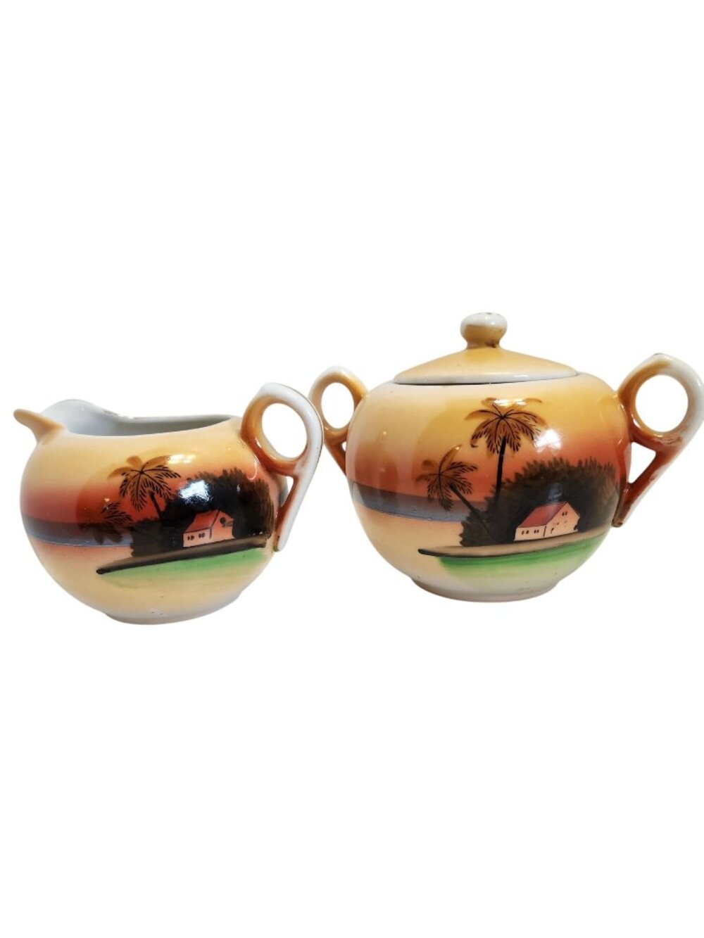 Vintage Takito Japanese Creamer & Sugar Bowl/Lid Cottage & Palm Tree Design READ